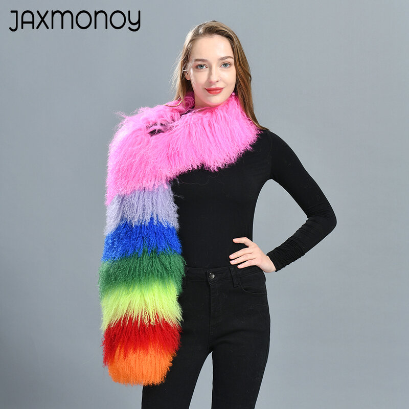 Jaxmonoy Women's Real Mongolian Sheep Fur Coat Ladies Autumn Winter Fashion Luxury Natural Long Sheep Hair Single Sleeve Female