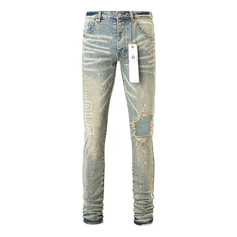 Jeans di marca ROCA viola di alta qualità American Top street con fori, pantaloni dritti dritti, lavati e spruzzati, eleganti e sottili