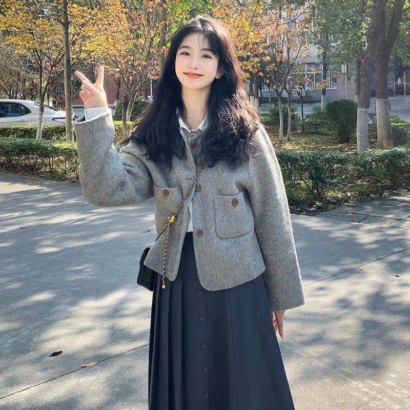 Jaket Kain wol dua sisi Korea wanita, mantel wol manis gaya Preppy modis memiliki saku