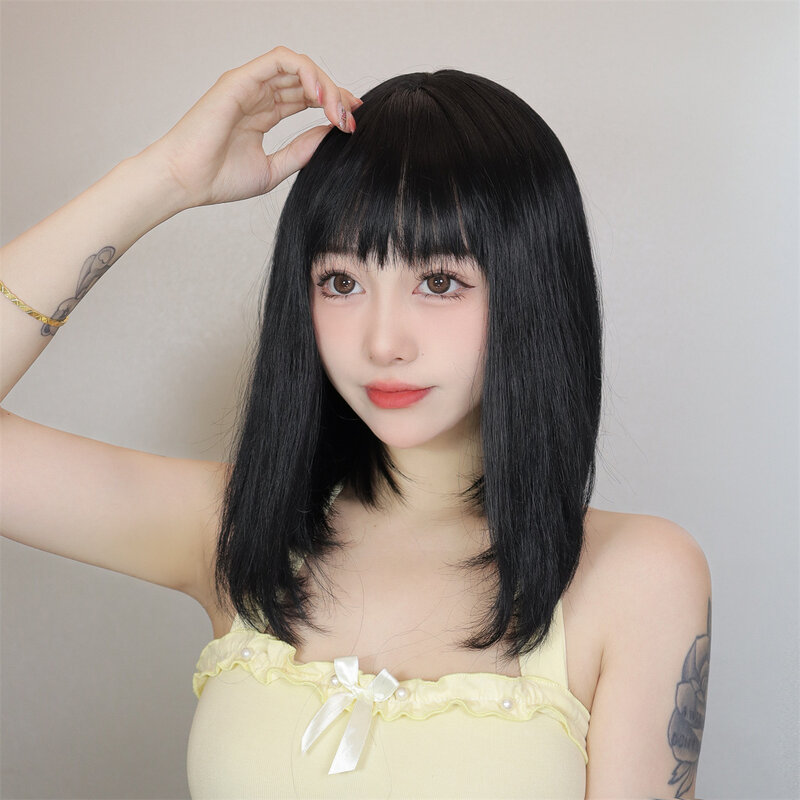 SNQP Short Straight Synthetic Wig with Bangs 12inch Black Wig for Women Daily Cosplay Use Heat Resistant Breathable Headband