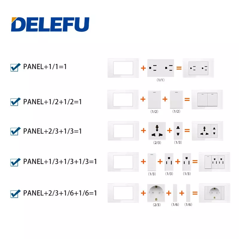 DELEFU 브라질 이탈리아 칠레 멕시코 표준 무료 조합 기능, USB C 타입 키, DIY 스위치 소켓, 4*2 블랙, 4*4 고속 충전