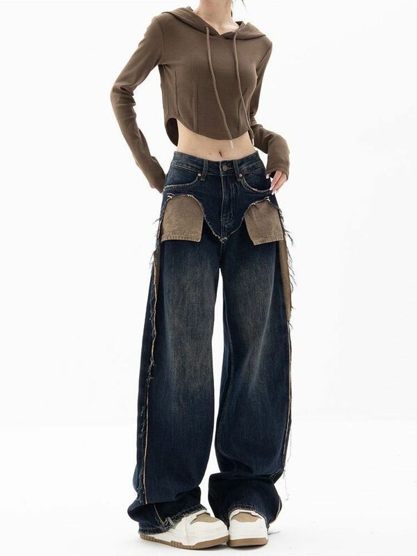 Neue hosen kinder herbst und winter retro stil sinn für mode nische kontrast nähte hohe taille breite bein jeans 2023