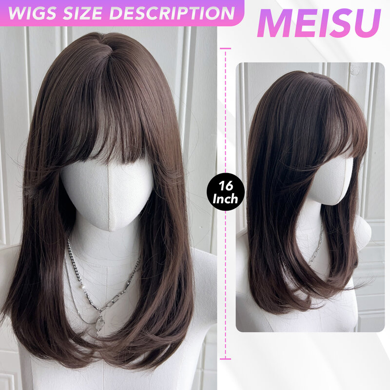 MEISU-peruca franja reta para mulheres, peruca de fibra sintética, resistente ao calor, sem brilho, peruca macia natural, cosplay, 16"