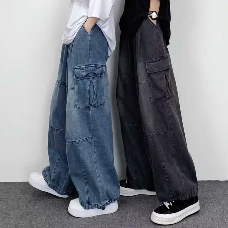 Calças de perna larga masculina estilo japonês com bolsos grandes, calças jeans grandes, moda streetwear confortável, jeans da moda