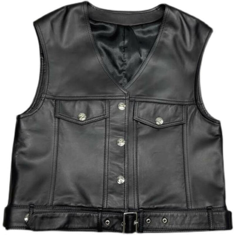 Chaleco de piel auténtica para mujer, chaqueta informal sin mangas con cinturón y cuello en V, botonadura única, novedad, Y4213