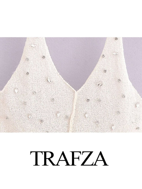 TRAFZA Elegant Women 2 Piece Set Triangle Shorts+Sexy V-Neck Sleeveless Backless Fake Diamonds Decorate Casual Halter Tops Y2K