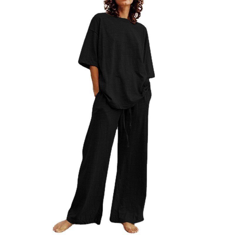 Conjunto de calças largas de meia manga com gola em O e cintura alta para mulheres, roupas casuais de verão, 2 peças