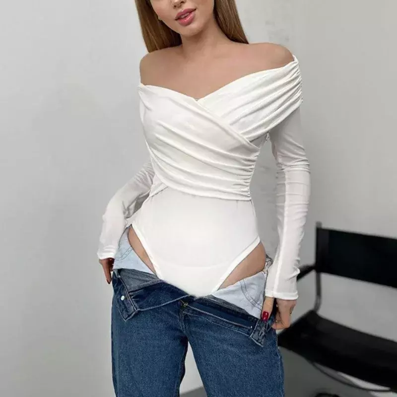 Women's Sexy V Neck Off Shoulder Rompers White Long Sleeve Folds Jumpsuits Spring Summer  Solid Colors Slim Playsuits YWFD008