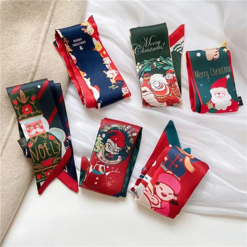 Red Christmas Silk Scarf Printed Santa Claus Scarf Hair Band Neckerchief Collocation Clothing Accessories New Year Scarf Women