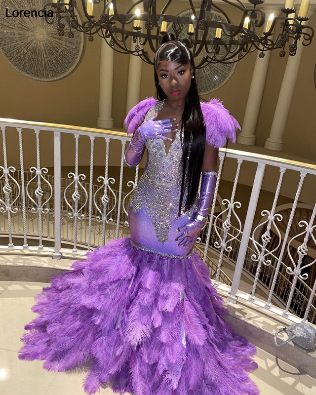 Gaun pesta Prom putri duyung bulu ungu seksi lorensia untuk Gadis Hitam Perak Kristal manik-manik gaun Gala Vestidos De Festa YPD121