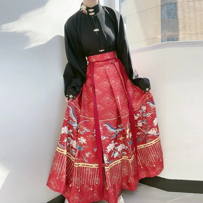 تنورة صينية تقليدية مطوي للنساء ، تنورة على وجه الحصان ، مجموعات متعددة الألوان ، ملابس الشارع ، خمر ،