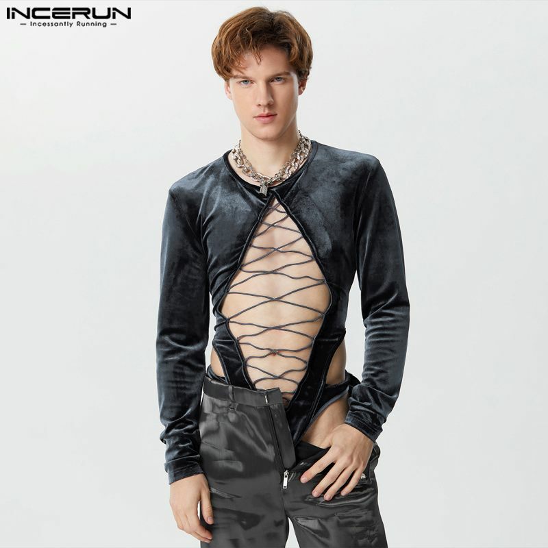 INCERUN 2024 seksowny styl męskie kombinezony domowe modne zamszowe krzyżowe body rekreacyjne trójkąciki z długimi rękawami S-3XL