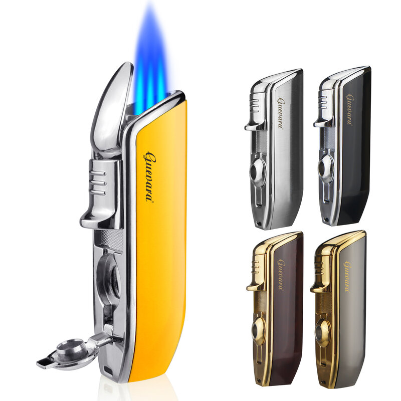 GUEVARA Mini accendisigari tascabile antivento in metallo 3 accendini a torcia a fiamma blu Jet con confezione regalo Punch per sigari