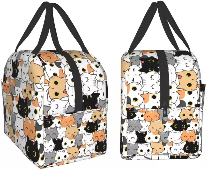 귀여운 고양이 프린트 도시락 가방, 여성용 휴대용 도시락 가방, 넓은 칸막이, 손잡이 내장, 소년 소녀용