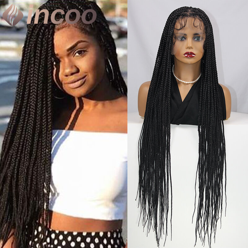 Incoo 36 Inch Full Lace Wigs for Black Women Knotless Random Braids Cornrow Wig Synthetic Lace Front Box Braided Wig With Plaits