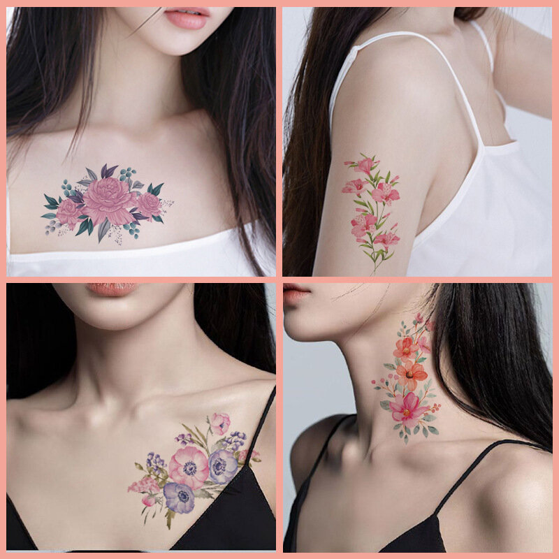 12 folhas/saco flores rosa impermeável tatuagem temporária etiqueta flash tatuagens peônia arte do corpo braço transferência de água falso tatoo mulher
