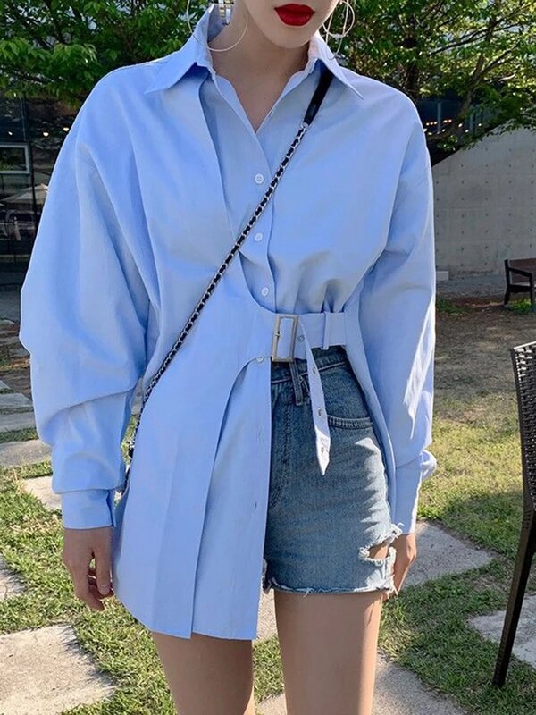 Camicia temperamento sciolto da donna edizione coreana abbigliamento donna unica Top Shirt tinta unita Casual Design elegante asimmetrico