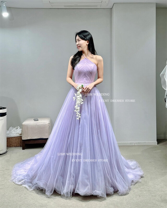 LISM Fairy Light Purple Tulle Evening Dresses Korea Photo Shoot Halter A-Line Prom Gowns Floor Length Formal Party Dress Custom