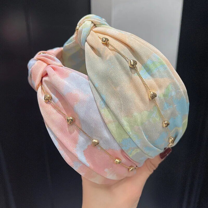 Korean Spring and Summer New Head Buckle Love Chain Double Layer Knotted Hair Hoop Tie-Dyed Fabric Wide Edge Cross Headband
