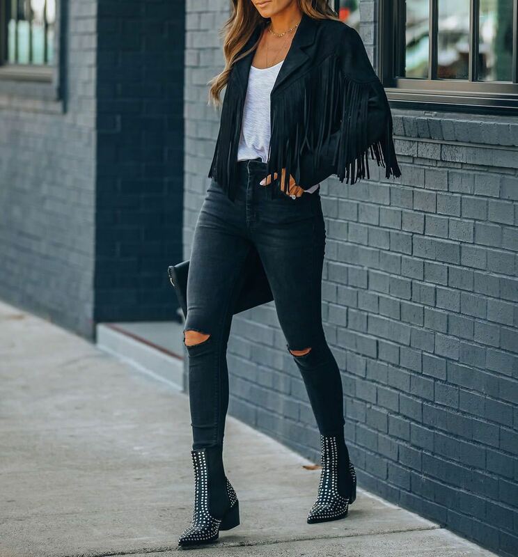 ผู้หญิง Y2k Fringed Hem Tassel Cardigan Crop Tops E-สาวมอเตอร์ Biker เสื้อแจ็คเก็ตหนังแจ็คเก็ตหนัง90S Vintage streetwear เสื้อ Cool
