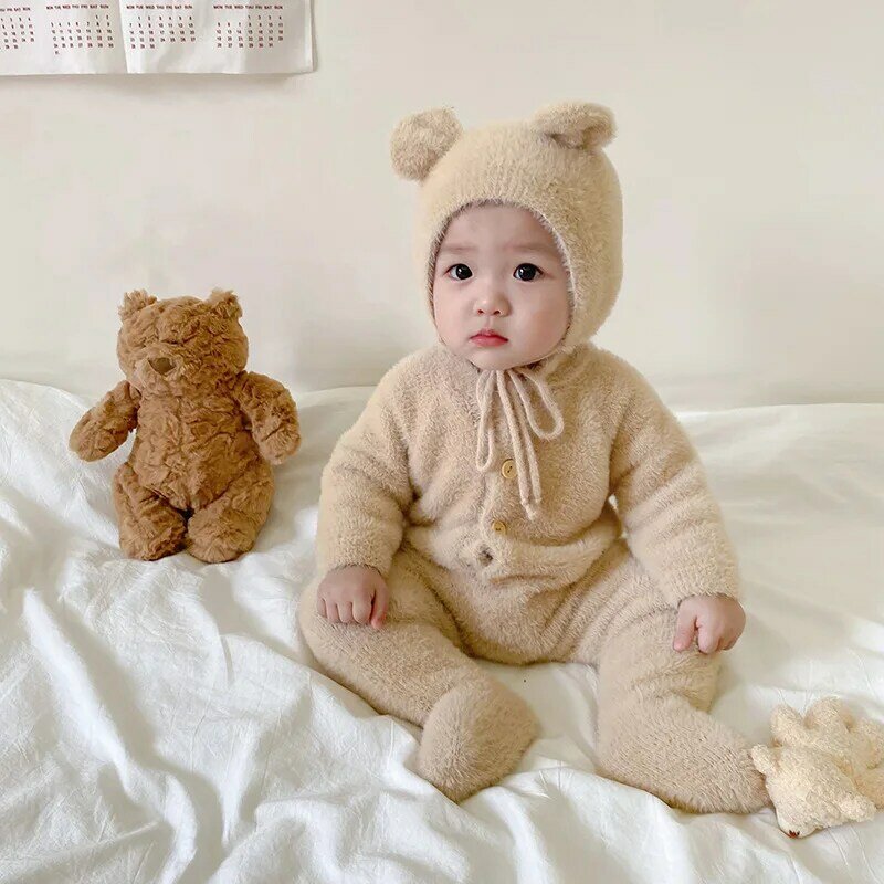 Pakaian Musim Dingin Bayi Laki-laki Perempuan Anak Baru Lahir 0-3T Baju Monyet Bayi Hangat dengan Topi Jumpsuit Manis Lucu Pakaian Bayi Cantik Manis