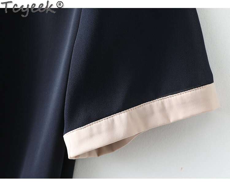 Tcyeek-Camisa de seda feminina, manga curta, blusas elegantes, roupas de verão, tops femininos, 2022, 2024