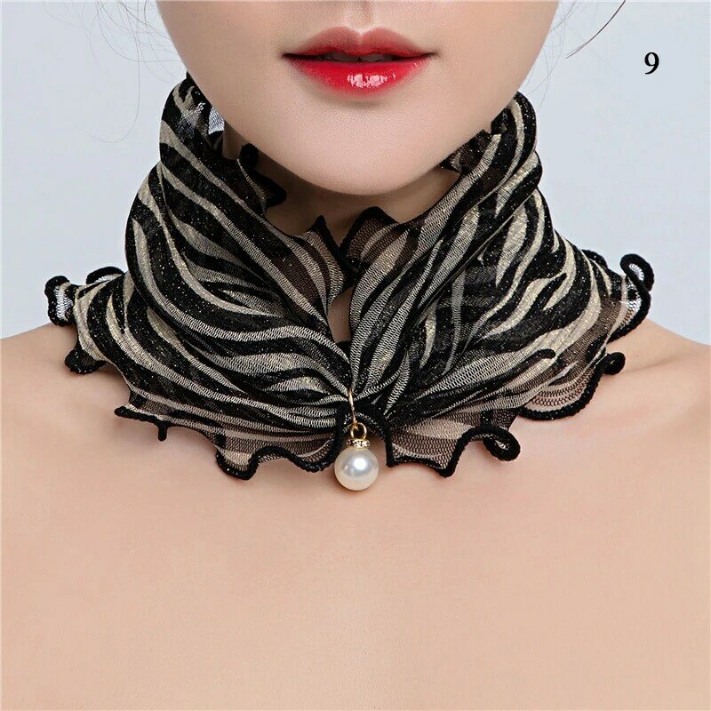 Lady Headscarf Ruffle Lace Scarf Gold Silk Scarf With Pearl Decor Multi-functional Neck Wrap Elastic Chiffon Scarves Neck Collar