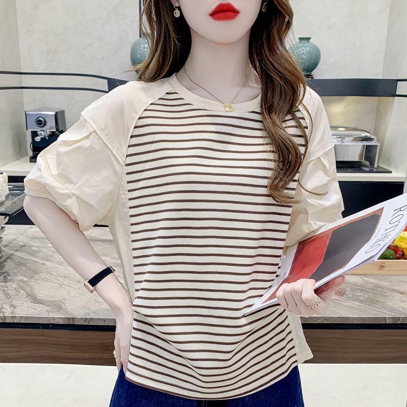Summer Fashion Puff Sleeve Stripe T-shirt Women 2024 New Design Sense Round Neck Short Sleeve Corset Office Lady Casual Tops