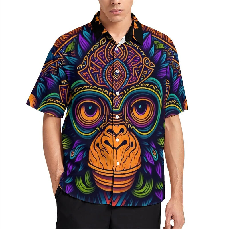 Baju Atasan Pria, baju Atasan Pria motif monyet 3D, baju pantai kasual Hawaii, blus pria grafis hewan lucu