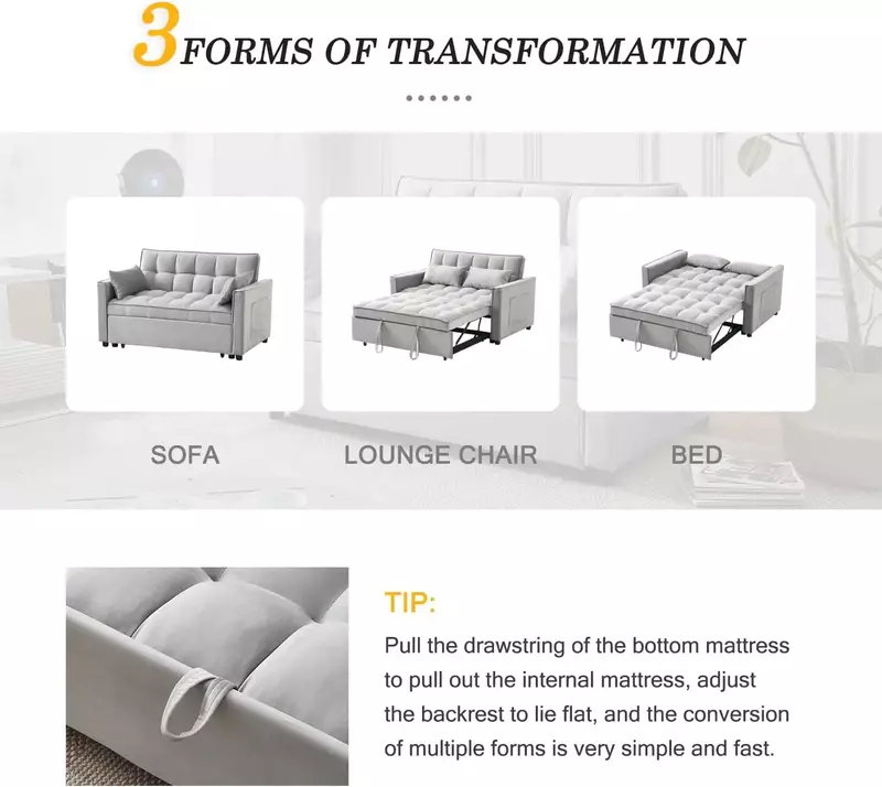 Sofá-cama conversível Sleeper, veludo moderno Loveseat, Futon Couch, sofá-cama com encosto ajustável, bolsos de armazenamento, 3 em 1