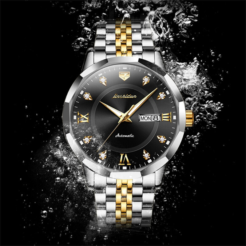 JSDUN 8948 Mechanical Fashion Watch Gift Round-dial Stainless Steel Watchband Week Display Calendar Luminous
