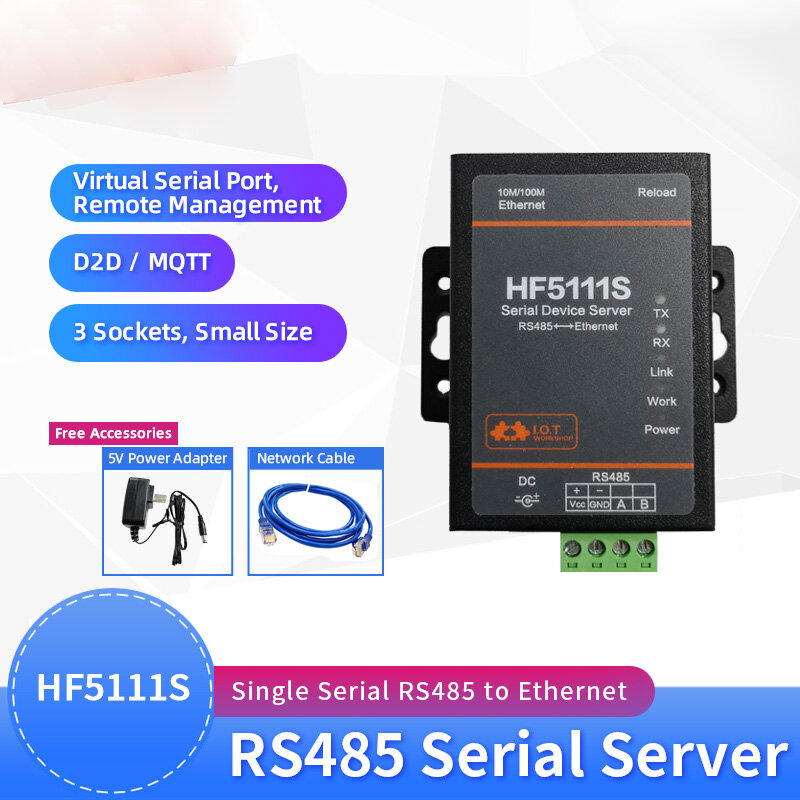 Servidor de porta serial industrial, RS485 para Ethernet, 3 soquetes, gerenciamento Romote, HF5111S, D2D, MQTT, Modbus