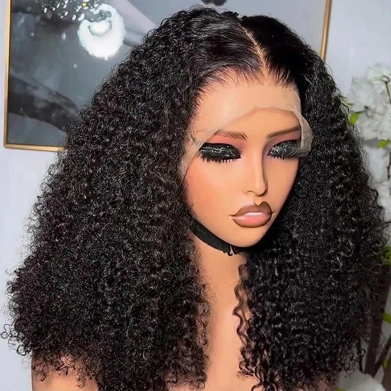 Peluca de cabello humano rizado corto para mujer, postizo de encaje frontal transparente de onda profunda, pelo Remy brasileño predespuntado, 4x4