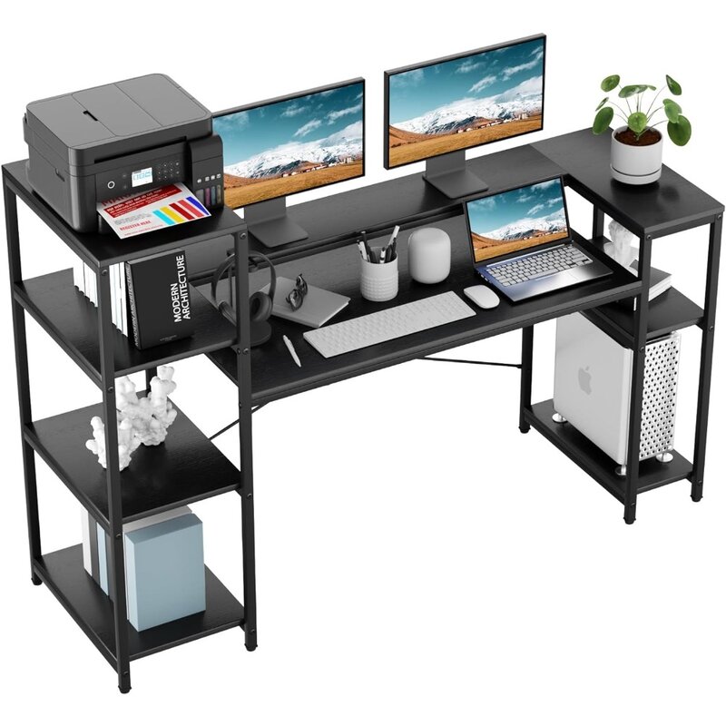Computer Desk with Storage Shelves, 63 Inches Large Industrial Office Desk Study Writing Table Workstation with Printer Stand