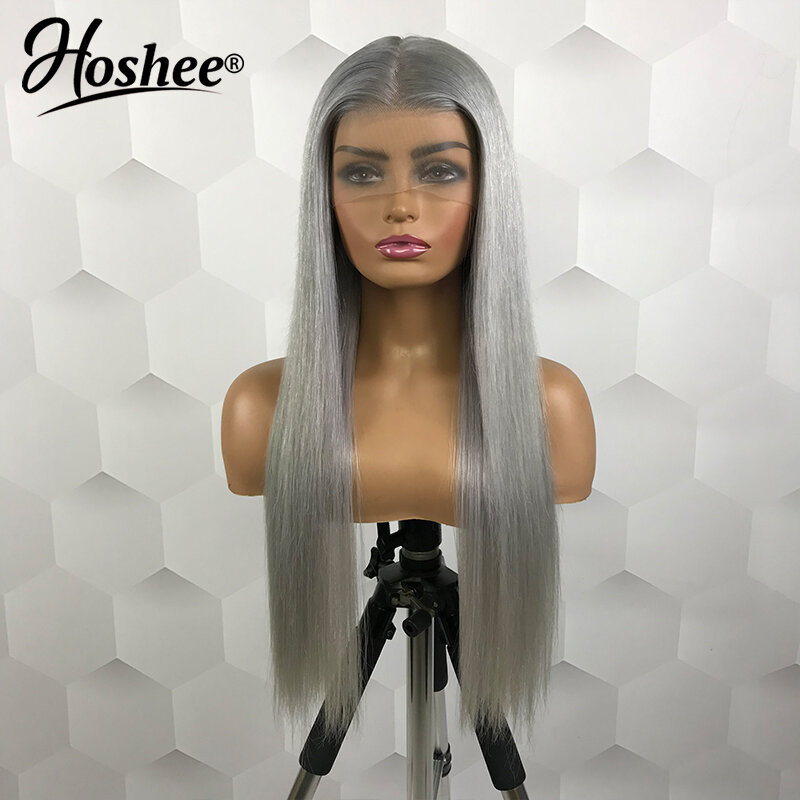 Perruque Lace Front Wig sans Colle Brésilienne Naturelle, Cheveux Lisses, Gris Argent, 13x4 HD, pour Femme, en Solde