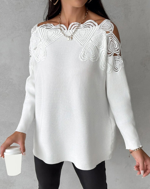 Women's Sweater 2023 Autumn Fashion Lace Patch Cold Shoulder Casual Plain Long Sleeve New Knit Loose Daily Pullover Sweater