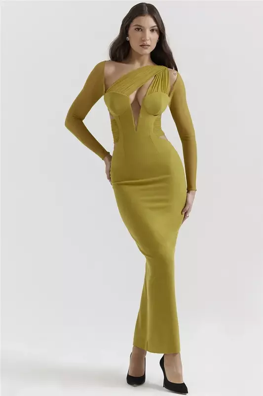 Nowa elegancka sukienka z wycięciem Bodycon Sexy Maxi dla kobiet Fashion Mesh Sheer Sleeve Club Party Printing Long Dress CSM7JY23718