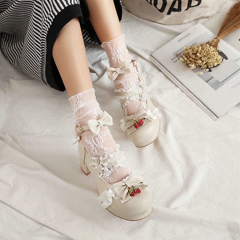 Lolita Girls Mary Janes Shoes Bow Strawberry Ruffles Sweet Princess Wedding Party Shoes Women High Heels Cosplay Plus Size 31-43