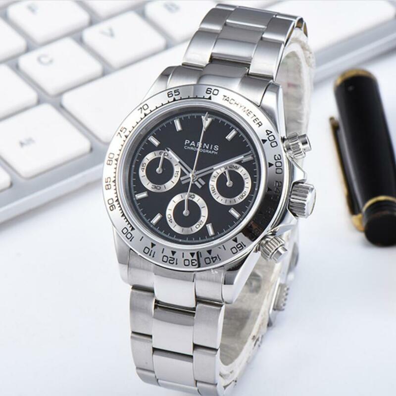 Parnis 39มม.ชายนาฬิกา Chronograph Luminous Sapphire Glass สีดำ Bezel Luxury นาฬิกาข้อมือควอตซ์