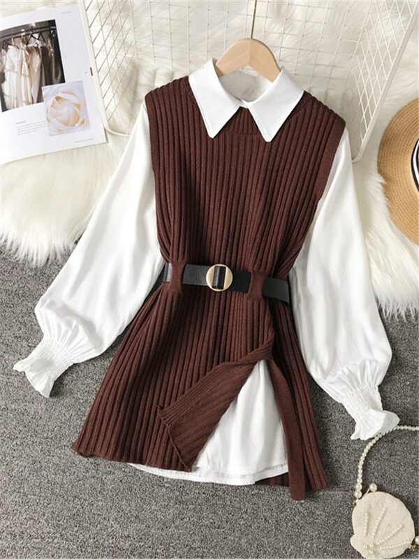 Женская рубашка с рукавом-фонариком, вязаный жилет, комплект из двух предметов, жилет с поясом в стиле колледжа, топ из двух предметов, весна-осень UK900