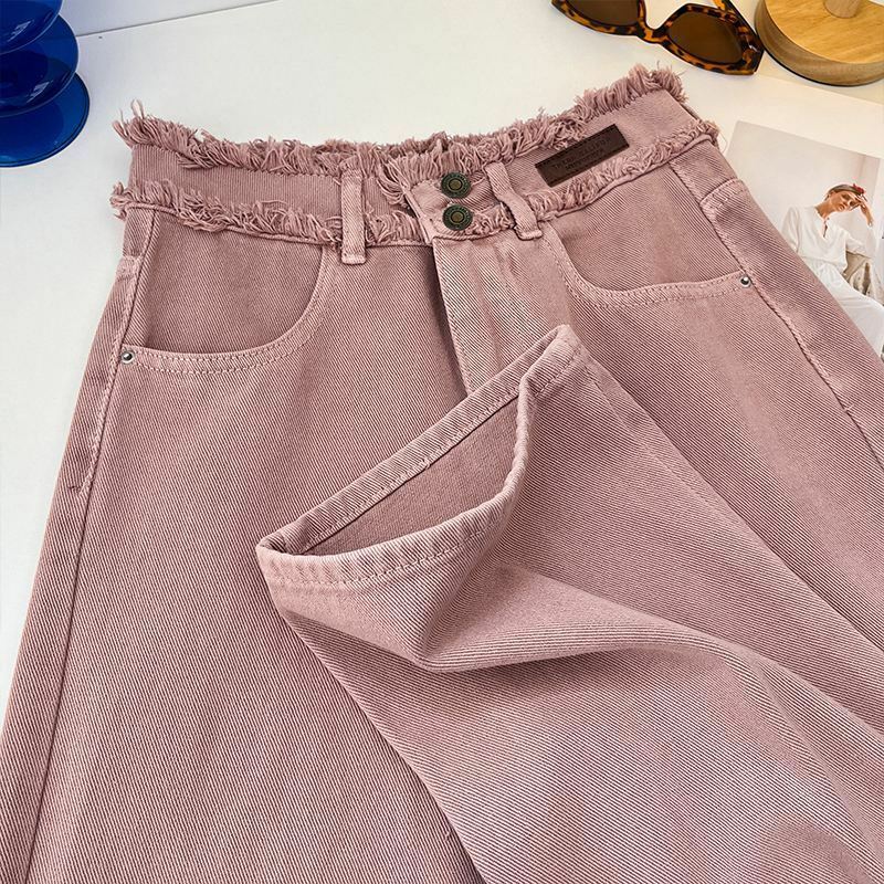 Jeans de perna larga rosa sujo para mulheres, cintura alta fina e esfregar chão, calças de perna reta