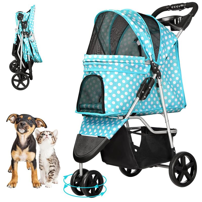 Planeador azul de lunares para mascotas, cochecito para perros medianos/pequeños, plegable de 3 ruedas, jaula, cesta