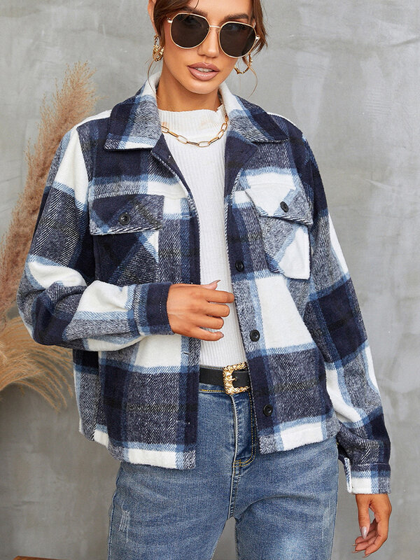 Jaqueta vintage de manga comprida xadrez para mulheres, lapela elegante, casacos com botões, bolsos elegantes, cortados, outwear casual feminino