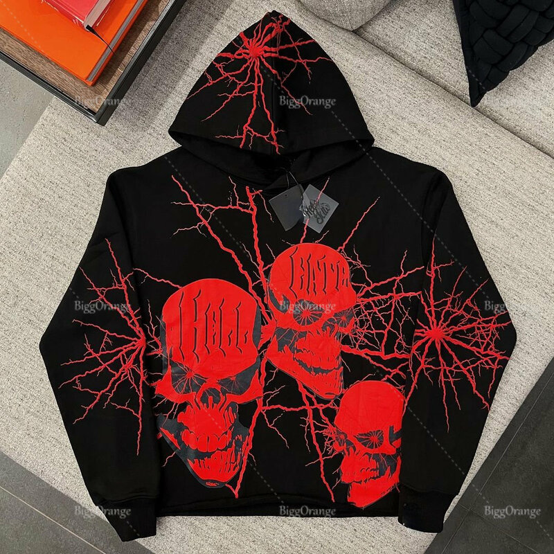 American new gothic style red skull print sweater personality pattern burst print sweater hoodie