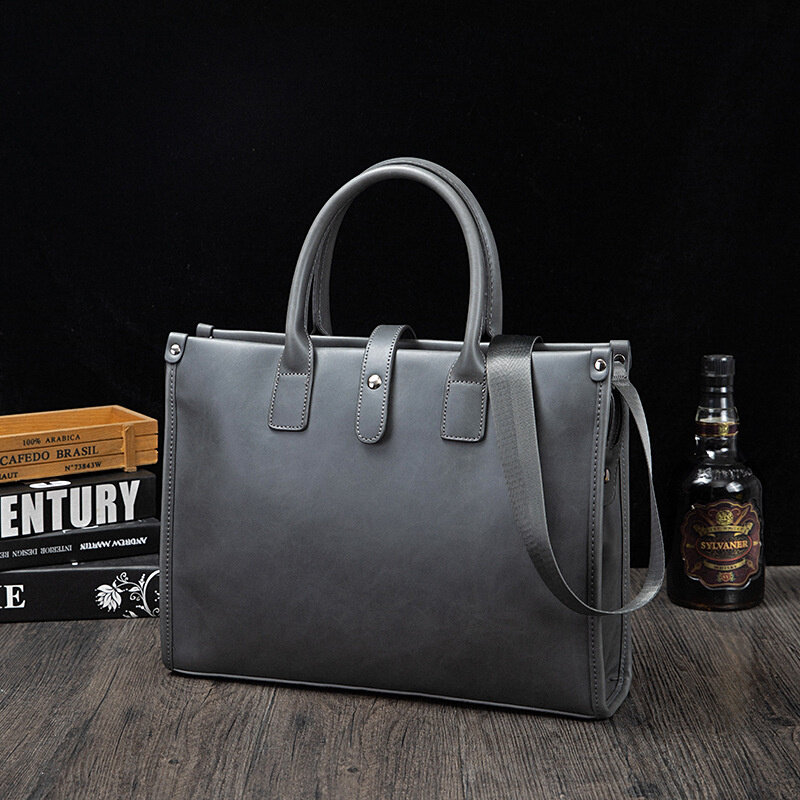 Bolsa de couro PU masculina, pasta cinza para documento, sacola para laptop, escritório masculino, bolsa mensageiro de ombro