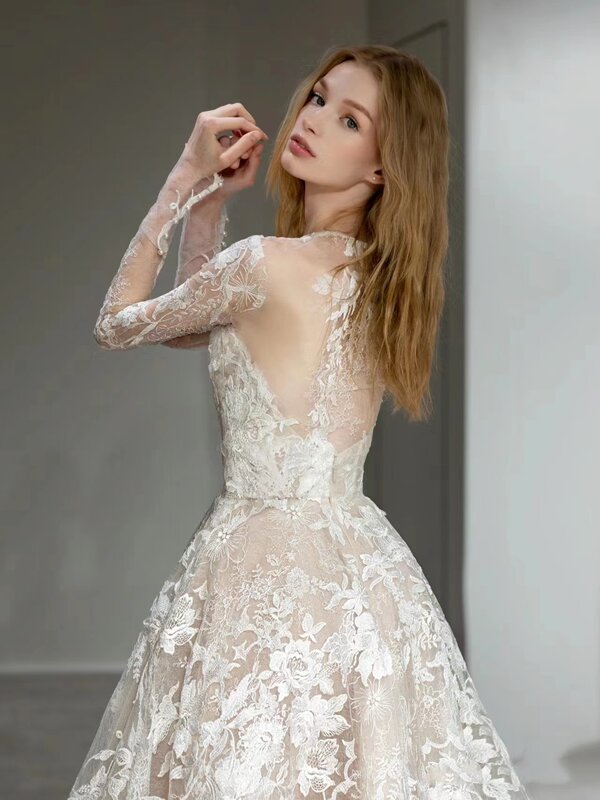 Falda de encaje francés floral champán elegante, suave, natural, ágil, fiesta, vestido de novia, nuevo