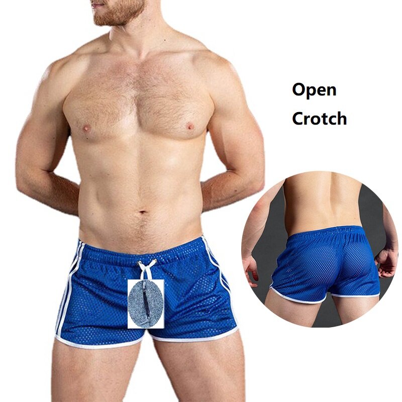 Man Open Kruis Slipje Crotchless Mesh Board Shorts Sexy Gym Homo Dubbele Rits Ademend Erotische Strand Broek Spier Badpakken