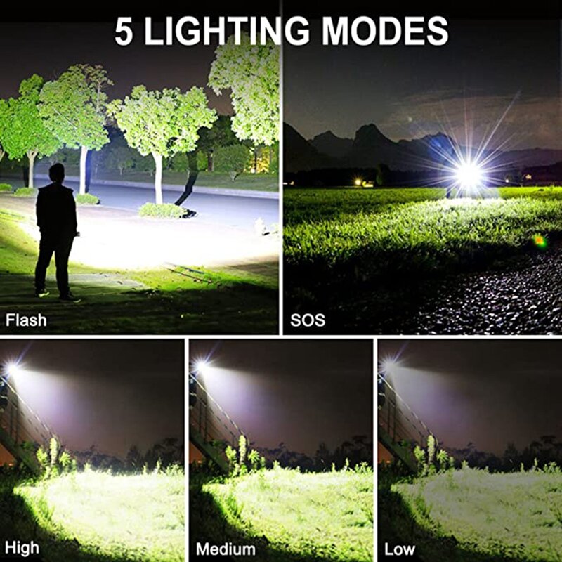 LED recarregável Zoomable lanterna, 5 modos, IPX7 impermeável, altos lúmens para camping, emergências