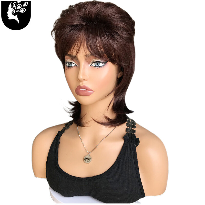 Dark Brown Short Pixie Cut Wavy Synthetic Wigs With Fluffy Bangs For Women Natural Straight Wavy Heat Resistant Fiber Daily Wigs