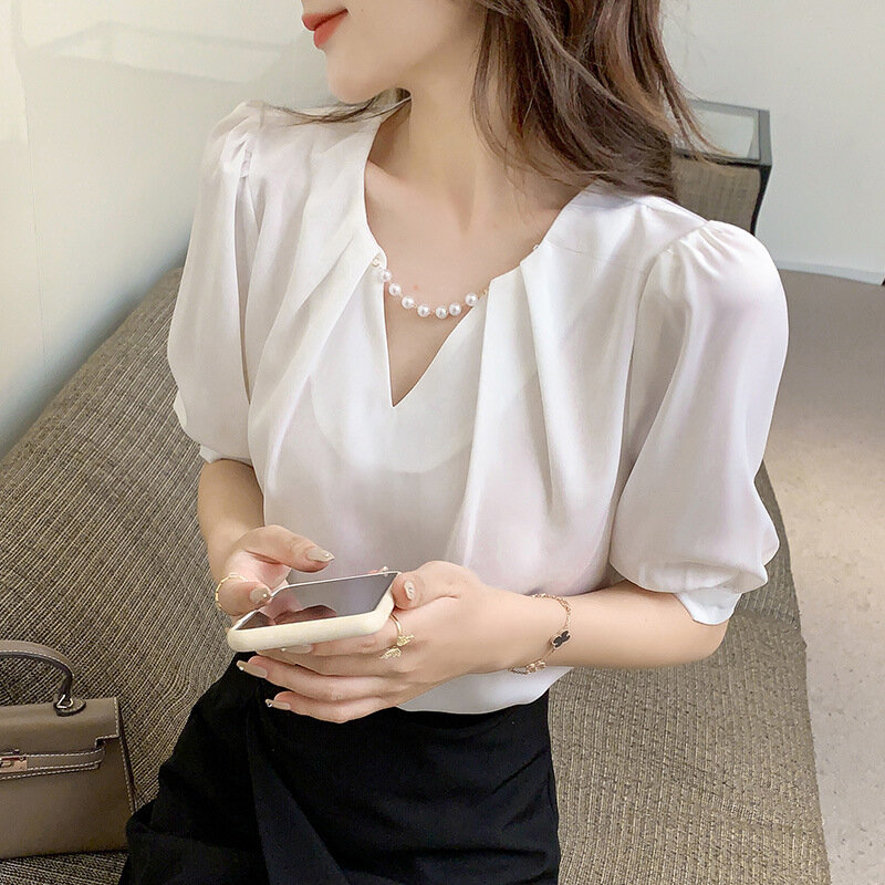 여성 브이넥 반팔 쉬폰 셔츠, 루즈핏 슬림핏 상의, 한국 패션, 다용도 패션, 2024 여름 신상